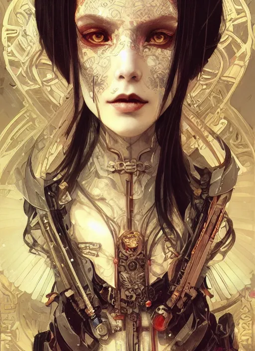 Image similar to portrait of beautiful pale gothic asian maiden, warhammer 40000, cyberpunk, intricate, elegant, highly detailed, digital painting, artstation, concept art, smooth, sharp focus, illustration, art by artgerm and greg rutkowski and alphonse mucha and Gustav Klimt