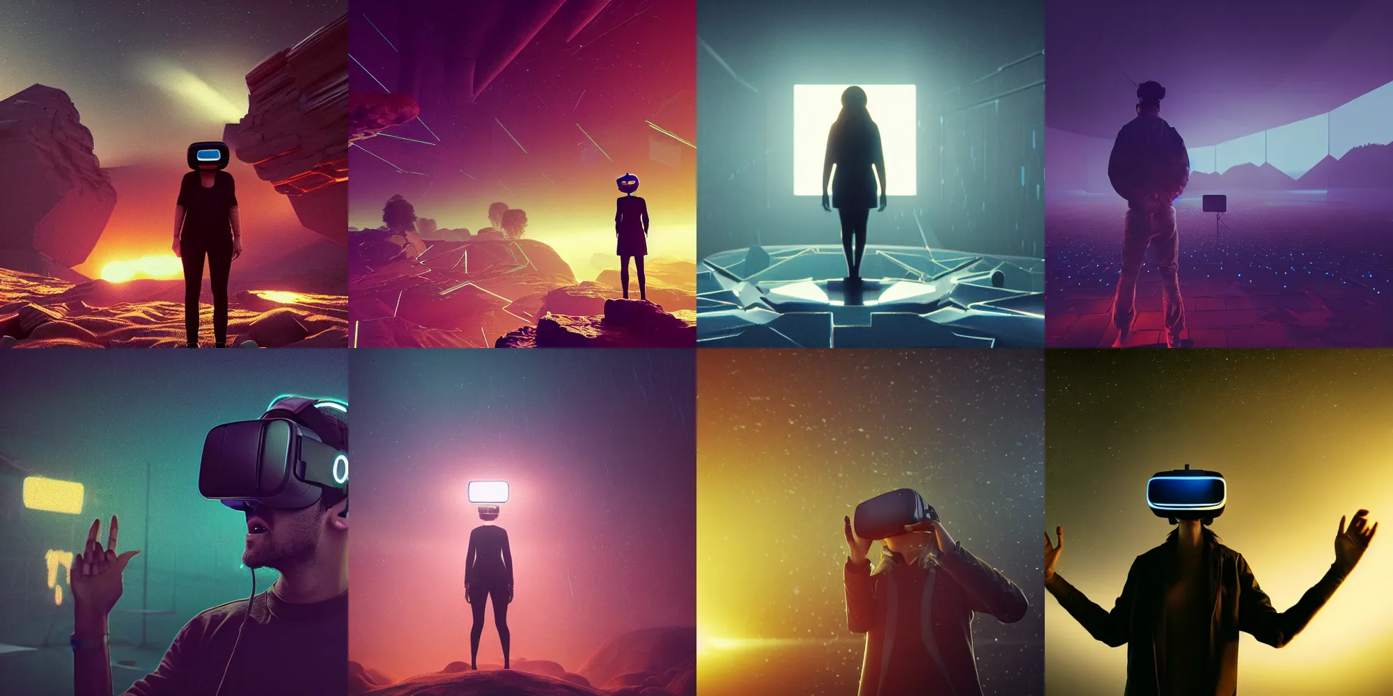Image similar to beautiful dark landscape, person screaming wearing virtual reality, in the style of beeple and Mike Winkelmann, intricate, epic lighting, cinematic composition, hyper realistic, 8k resolution, unreal engine 5,