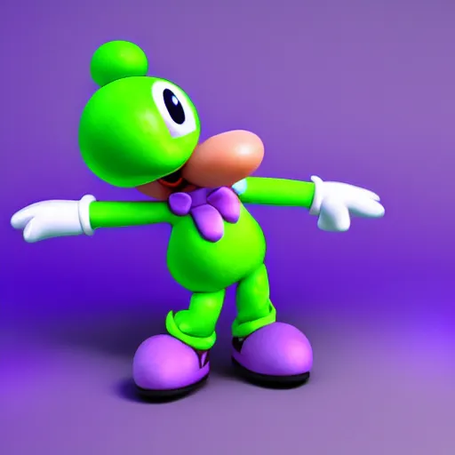 Image similar to anthropomorphic light green yoshi wearing a purple jacket, black shirt, purple skirt, purple heels, nintendo