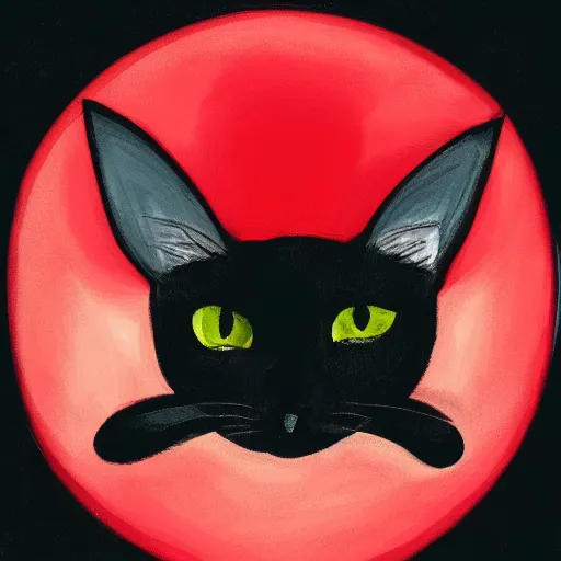 Prompt: a female black cat with red eyes and a crescent moon symbol in her forehead