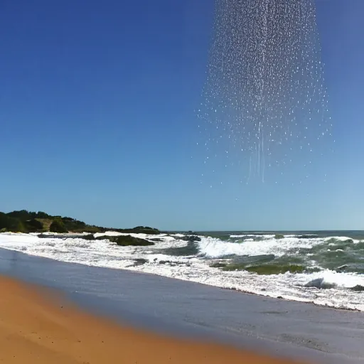 Prompt: asteroid shower in the sky while walking the dog on a beach