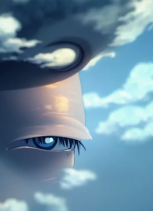 Prompt: detailed eye in the clouds, style of Feng Zhu, studio ghibli, Artstation, unique features, clean, octane render, cinematic, 8k, retro sci fi film,