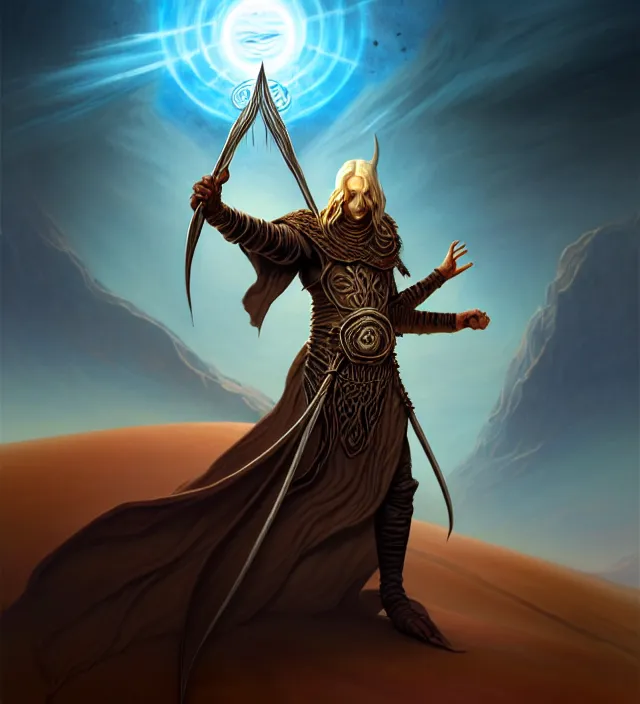 Image similar to a defiler wizard upon the dunes, the dark sun of athas,'dark sun'- campaign setting, brom's dark sun art on a 7 0's style fantasy novel cover, digital painting by brom, amazingly detailed d & d art, concept art, intricate details, beautiful, volumetric lighting, ultrarealistic, cgsociety, artstation