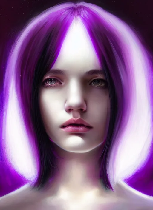 Image similar to hair whitebangs hair, black hair, whitebangs, portrait of teenage girl with white bangs, red irises, purple clothes, white bangs, bangs are different color from hair, intricate, elegant, glowing lights, highly detailed, digital painting, artstation, concept art, smooth, sharp focus, illustration, art by wlop, mars ravelo and greg rutkowski