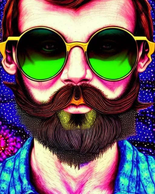 Prompt: detailed hipster skinny man with star sunglasses, long vibrant colored beard, dmt, by james gurney + intricate and vibrant work + portrait + trending on artstation + incredible gothic illustration + exquisite detail