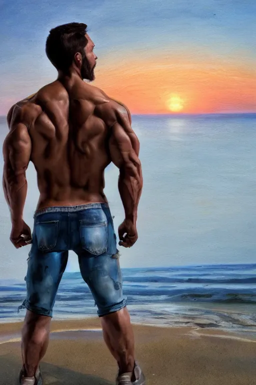 Image similar to a very muscular and defined man wearing ripped pants and shirt looking to the sea at sunset, godrays, complementary colors, natural lighting, portait image, path tracing, serene landscape, high quality, highly detailed, 8K, soft colors, warm colors, turbulent sea, high coherence, anatomically correct, hyperrealistic, concept art, defined face, five fingers, symmetrical