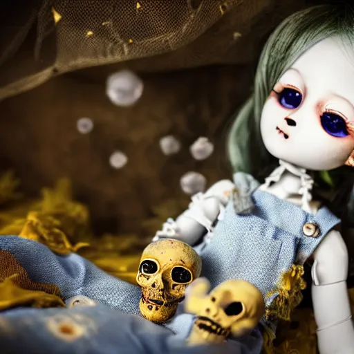 Image similar to lovely realistic ball jointed high end lapis lazuli porcelain with gold inclusions skeleton doll with cute white yellow overalls and cute nature themed accessories, inside gothic doll manor bedroom, god rays, dust particles, photorealistic, aesthetic shot, worms eye view, macro camera lens, high definition, cartoon proportions, cinematic, lens flare