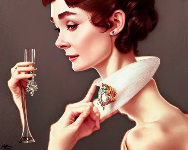 Image similar to photography of audrey hepburn in breakfast at tiffany's, deep focus, intricate, elegant, highly detailed, digital painting, artstation, concept art, matte, sharp focus, illustration, art by artgerm and greg rutkowski and alphonse mucha