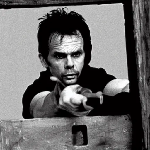 Prompt: michael biehn hiding from enemies behind a crate, 1 9 8 7, movie still