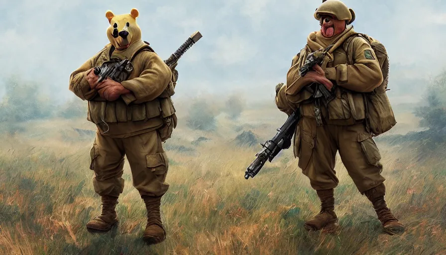 Image similar to winnie the pooh as soldier during d - day, hyperdetailed, artstation, cgsociety, 8 k