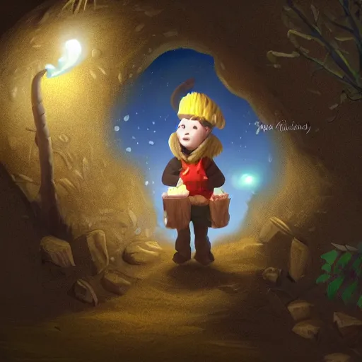 Image similar to an adventurer finding a cake in a dark mysterious cave, digital art