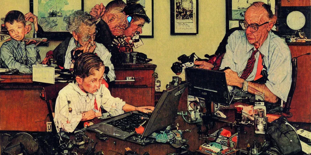 Prompt: staring into a computer screen, norman rockwell style, ralph steadman style, night color scheme