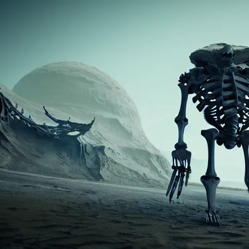 Prompt: the skeleton of a colossal creature on a deserted planet, illustration, epic, sci - fi, hyper detailed, smooth, unreal engine 5, sharp focus, ray tracing