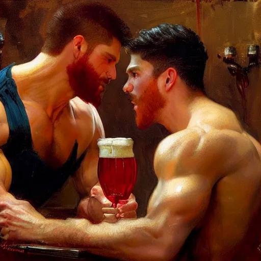 Image similar to attractive muscular male with red hair with muscular attractive male with black hair, drinking their hearts out, in a pub. very defined and highly detailed painting by gaston bussiere, j. c. leyendecker, craig mullins 8 k