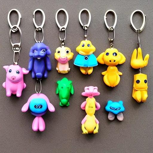 Prompt: some cute plastic toys that look like animal characters hanging from a backpack on a keychain, pastel colors