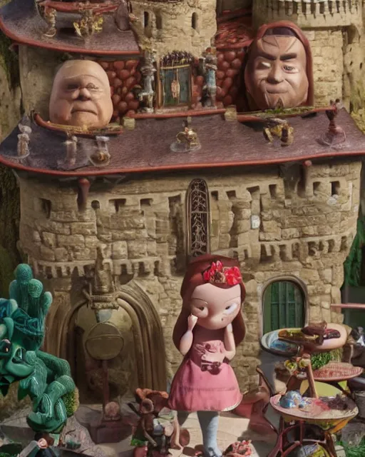 Image similar to highly detailed closeup, face profile portrait of a tin toy greta thunberg as a medieval goblin eating cakes in a castle, bikini, depth of field, nicoletta ceccoli, mark ryden, lostfish, dan decarlo, bob clampett, max fleischer, detailed and intricate environment, 8 k resolution, hyperrealistic, octane render
