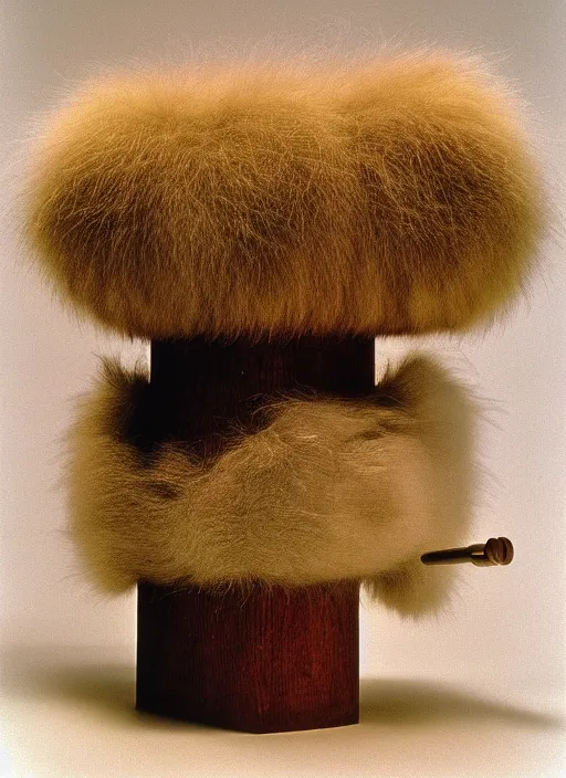 Prompt: realistic photo of a a medieval brushwood archeology scientific equipment device made of brushwood, with white fluffy fur, by dieter rams 1 9 9 0, life magazine reportage photo, natural colors