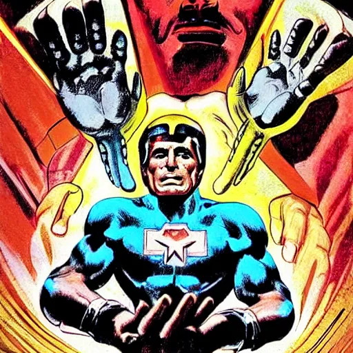 Prompt: man with seven hands by Jack Kirby