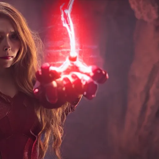 Image similar to movie still of elizabeth olsen as the scarlet witch, facing away from the camera, standing in the middle of a dark cave, holding red magic from her hands, illuminating the area, golden ratio!!!!!, centered, trending on artstation, 8 k quality, cgsociety contest winner, artstation hd, artstation hq, luminous lighting