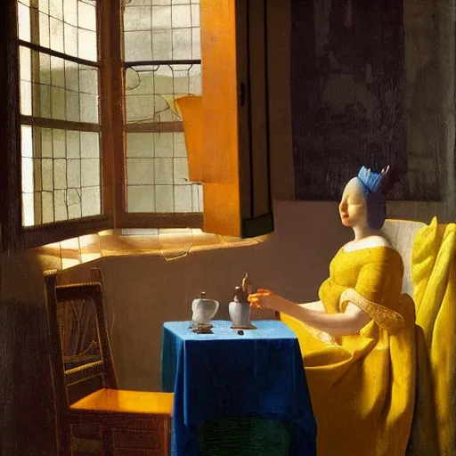 Prompt: detailed portrait of the statue of liberty drinking tea, oil painting, warm lighting, high resolution, johannes vermeer