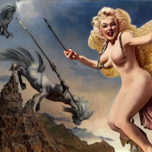 Image similar to an extremely detailed matte painting marilyn monroe as a terrifying valkyrie descending from valhalla on a pegasus, in the style of magic the gathering, 8 k, sharp focus, detailed face, art by john collier and albert aublet and krenz cushart and artem demura and alphonse mucha