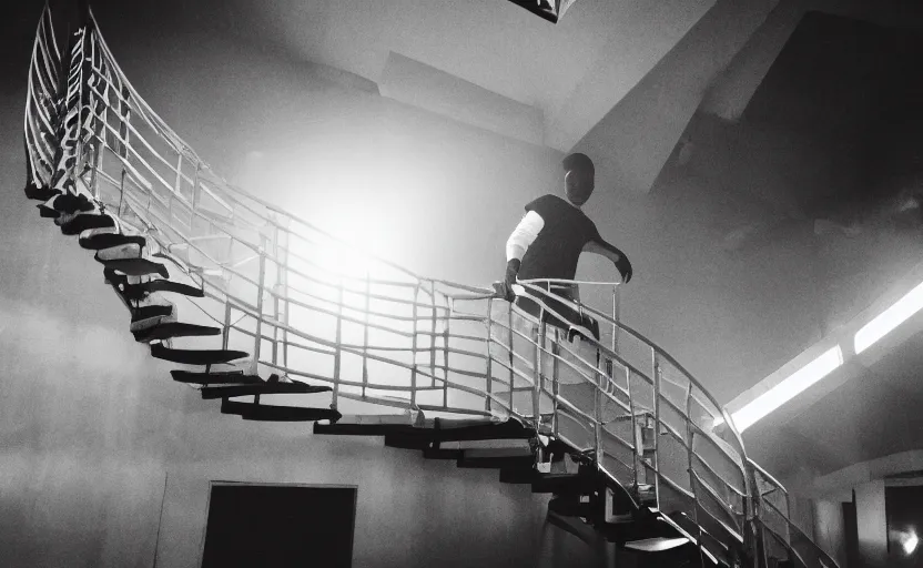 Image similar to zoomed out photo of frank ocean walking up a spiral staircase in the centre of the room, greyscale,