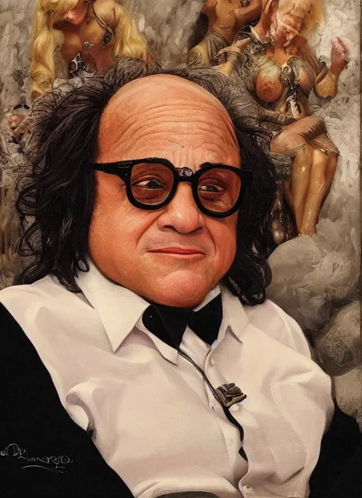 Prompt: danny devito sitting across the camera wearing a black choker staring into the camera, point of view, expensive restaurant, intricate, elegance, highly detailed, shallow depth of field, artgerm, donato giancola, joseph christian leyendecker