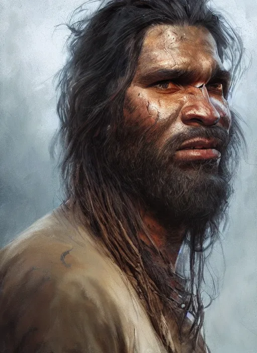 Prompt: portrait painting of a 3 0 year old rugged indigenous aboriginal male, long hair, rugged, unreal render cinematic lighting, bussiere rutkowski andreas rocha