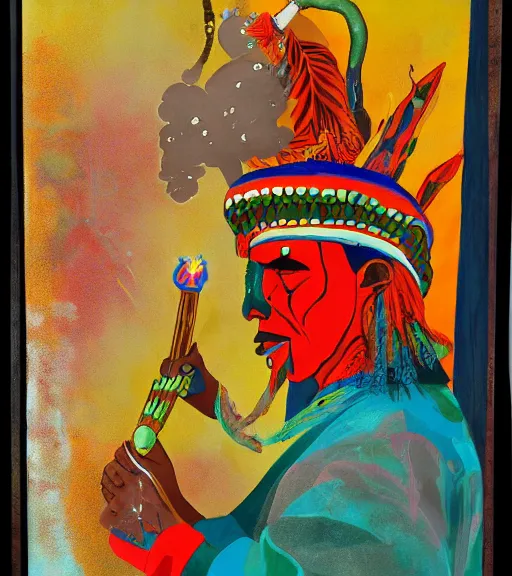 Image similar to Painting of a shaman dressed in a colorful traditional clothes. He is smoking a pipe and blowing out smoke which is morphing into fractals