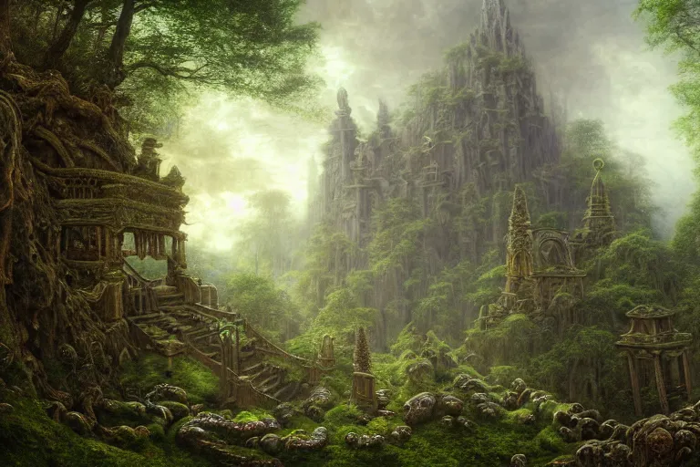 Image similar to a beautiful and highly detailed matte painting of a lost temple in a mystical forest high in the mountains, psychedelic, celtic, intricate details, epic scale, insanely complex, 8 k, sharp focus, photorealism, artstation, cgsociety, by caspar friedrich, albert bierstadt, james gurney, brian froud,