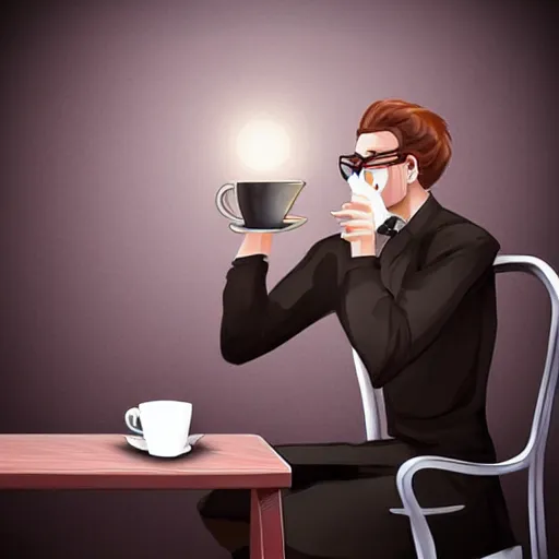 Prompt: startup CEO having a cup of tea. Handsome!!!!!!! sci-fi concept art photorealistic!!!!!