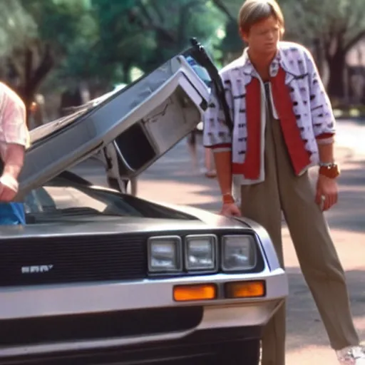 Image similar to marty mcfly accidentally runs over forrest gump with the delorean, movie still, high detail, photorealistic,