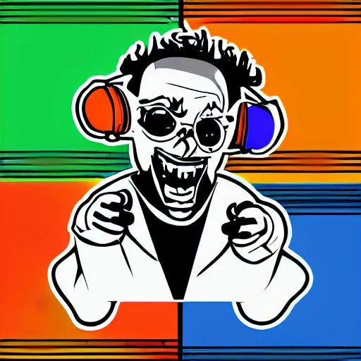 Image similar to svg vector sticker of absolutely insane-mad-scientist-villain, rocking out, wearing headphones, huge speakers, dancing, rave, DJ, spinning records, digital art, amazing composition, rule-of-thirds, award-winning, trending on artstation, featured on deviantart