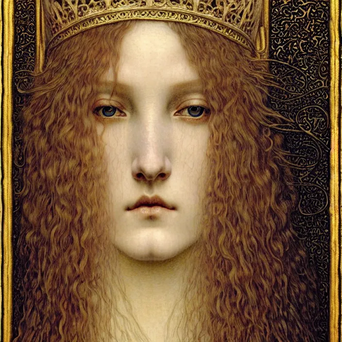 Image similar to detailed realistic beautiful young medieval queen face portrait by jean delville, gustave dore and marco mazzoni, art nouveau, symbolist, visionary, gothic, pre - raphaelite. horizontal symmetry