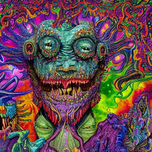 Image similar to a high hyperdetailed painting with complex textures of a group of deformed monsters united within a larger monster, made of candies and psychotropic psychoactive substances cosmic psychedelic fulcolor spiritual chaos surrealism horror bizarre psycho art