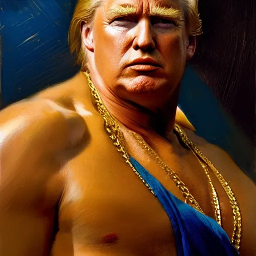 Image similar to detailed realistic cinematic wide shot of beautiful attractive muscular donald trump with gold chain wearing blue bath robe slim face symettrical face clean skin black eyes black robe smooth, sharp focus, ultra realistic, spring light, painting by gaston bussiere, craig mullins, j. c. leyendecker