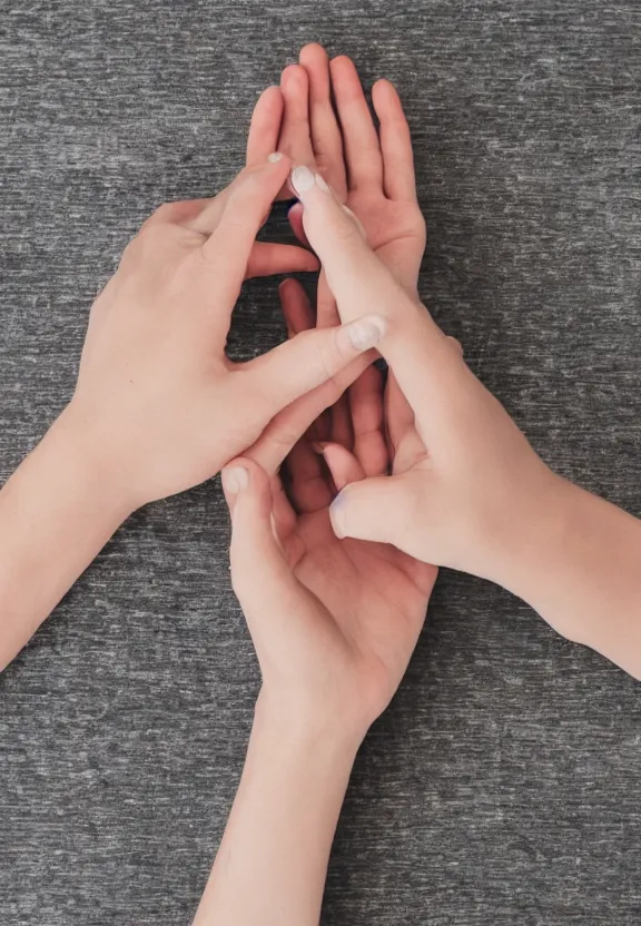 Image similar to a photo of one ultra detailed photorealistic woman's hand with palm up, back of hand on the table, palm pattern visible, instagram photo, studio photo, 9 0 mm, f / 1. 4