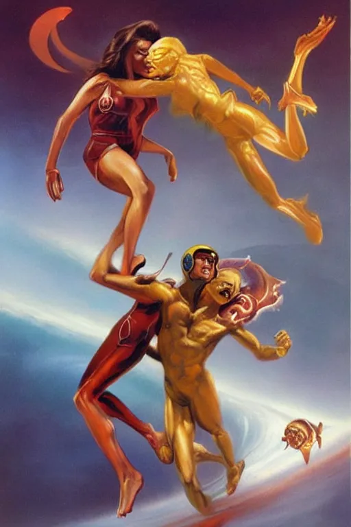 Image similar to Boris Vallejo art of a beautiful female cosmonaut fighting an alien.