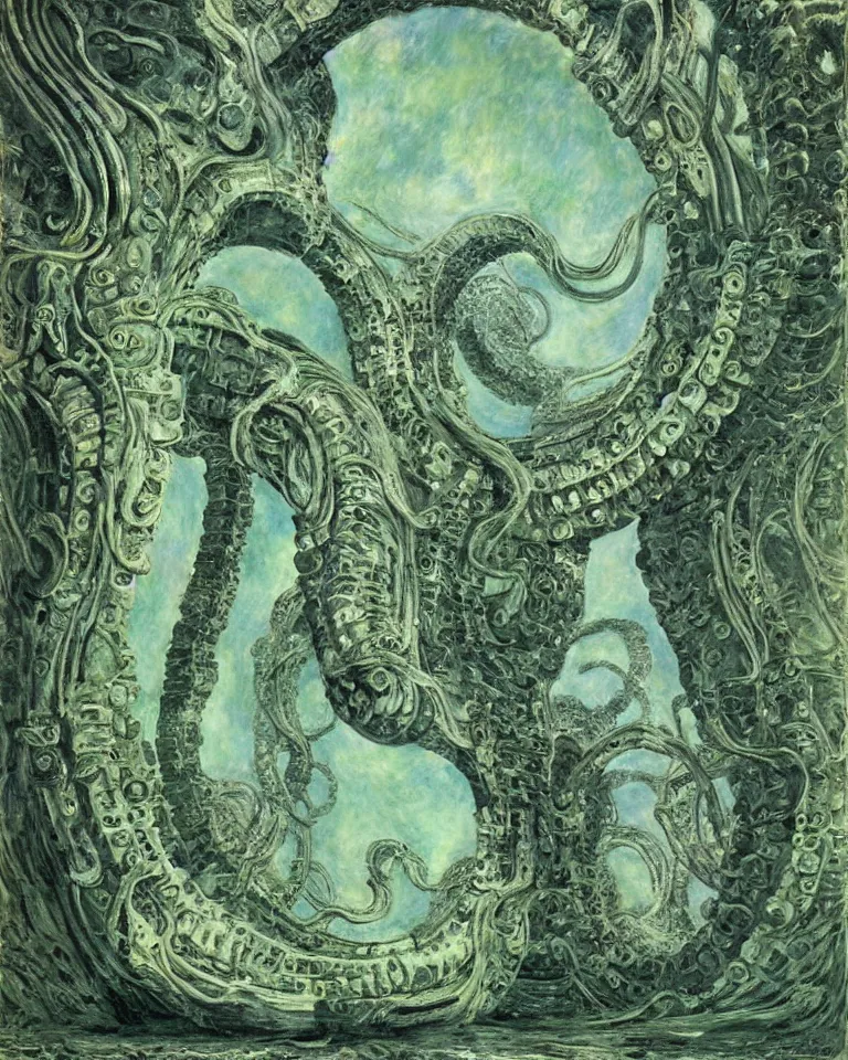 Prompt: achingly beautiful painting of intricate ancient giger alien structure on jade background by rene magritte, monet, and turner. giovanni battista piranesi.