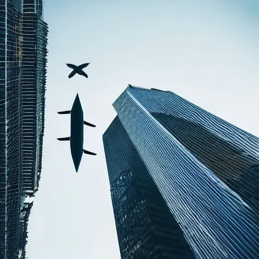 Prompt: horizontal skyscraper falling through the sky as passenger planes intercept