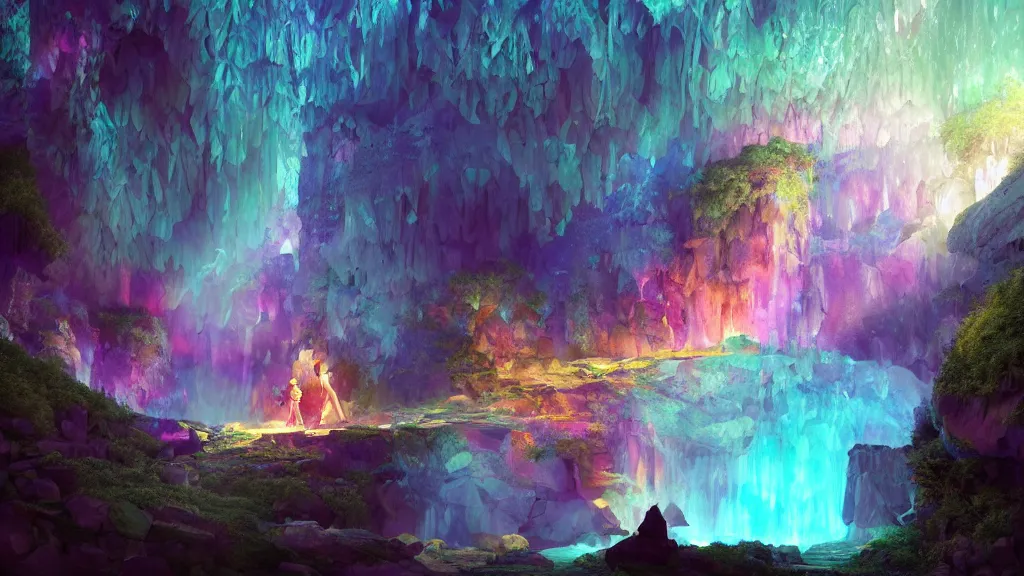 Prompt: inside a magical cave full of intricate crystal with rainbow colors, there was a lake, filled by the light of a beautiful silver moon, and over it was the sky, dynamic lighting, cinematic lighting, lit by moonlight, by makoto makoto, krenz cushart and ilya kuvshinov and artgerm, unreal engine, featured on artstation, ultrawide angle