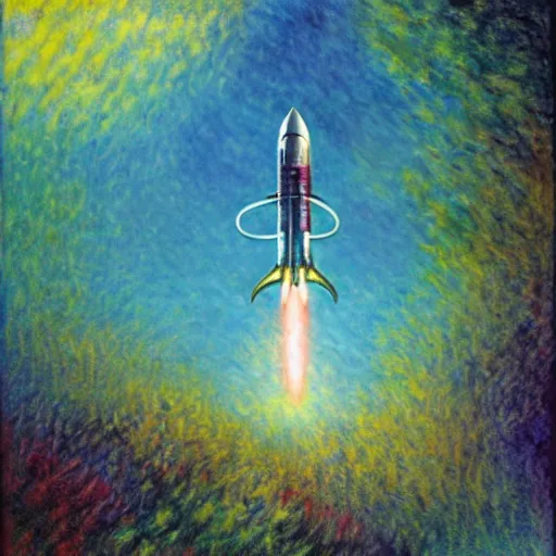 Image similar to A rocketship about to land on an unfamiliar planet, super cool rocket, Acrylic Paint, Concept Art, Digital Art, 16-bit RGB, Global Illumination, by Bob Byerley, by Claude Monet