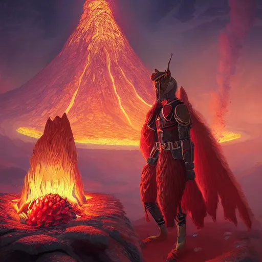 Image similar to illustrated portrait vogue designer Master Chief Sacrificing the Elves to a Volcano Volcano God Volvo Altar made of pinecones and fire kenny scharf giorgio de chirico marc simonetti greg rutkowski james gilleard anton semenov