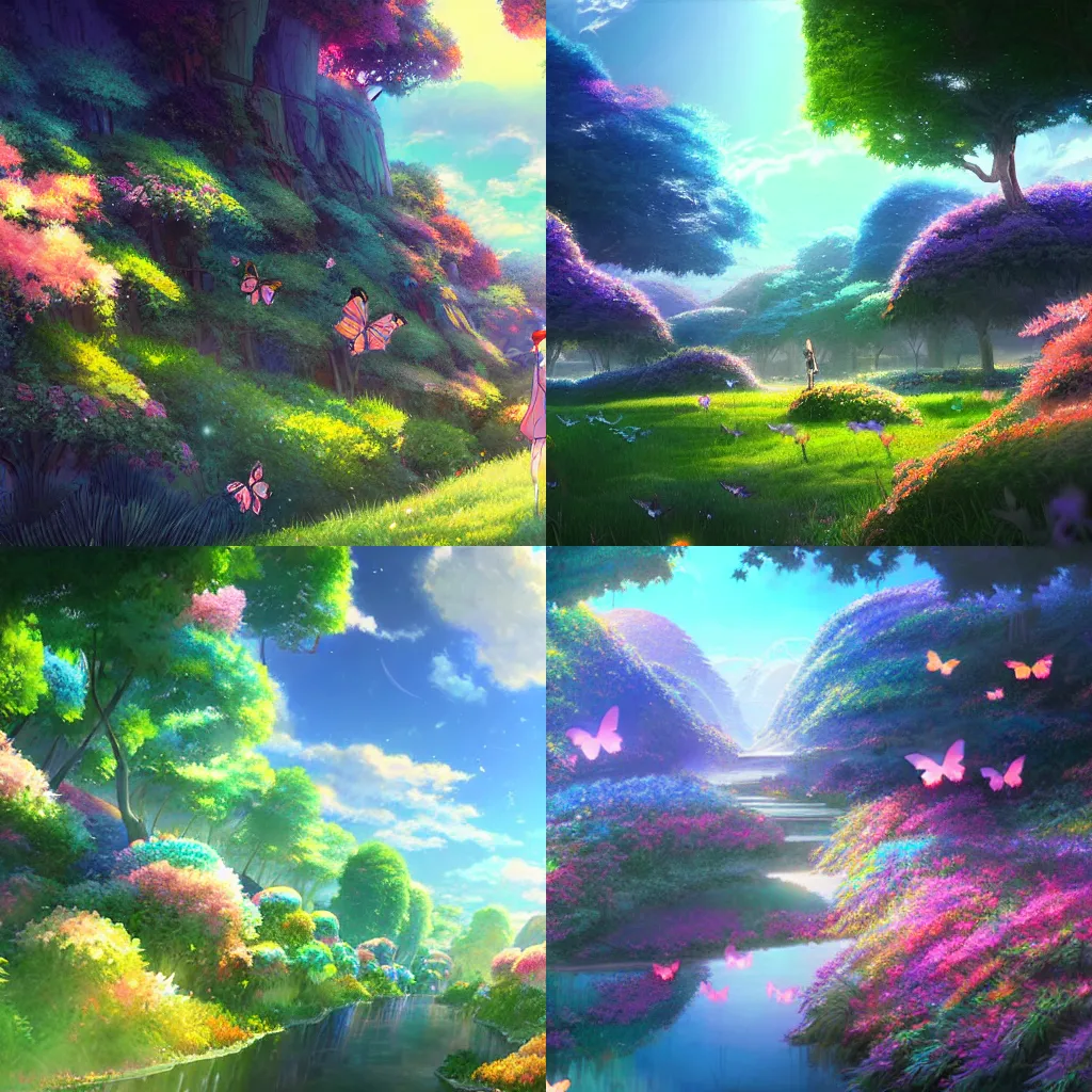 Prompt: colorful butterfly eden, detailed matte painting by Makoto Shinkai