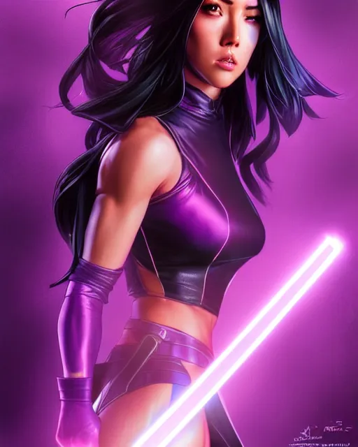 Image similar to Psylocke, Chloe Bennet, long black hair, purple laser sword, realistic character concept, middle shot, action pose, comic book, illustration, slender symmetrical face and body, artstation, cinematic lighting, hyperdetailed, artgerm, 8k, Rafeal Albuquerque comic book art, single face, insanely detailed and intricate, beautiful