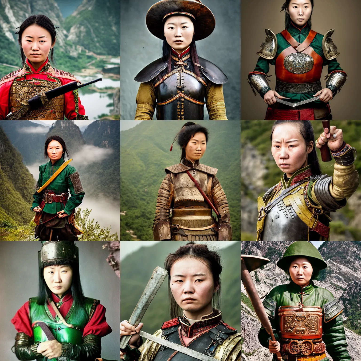 Prompt: High resolution, high quality, extremely detailed, colour historical photo of a 21yo Chinese Bandit Queen, wearing leather armour and a green undershirt, holding a 🛡 and an 🪓, a fierce expression on her face, standing in the mountains of China