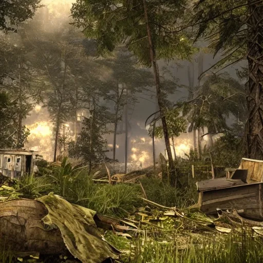 Prompt: screenshot of a new Call of Duty multiplayer map, an aircraft hangar overgrown with vegetation, debris scattered throughout, forest, dramatic lighting, cinematic, Unreal Engine, 8k, render