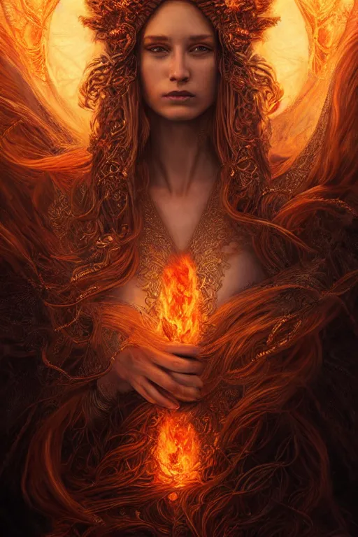 Image similar to majestic and regal portrait of a beautiful young female fire goddess!!, intricate, epic, elegant, menacing, fantasy, highly detailed, digital painting, hard focus, beautiful volumetric lighting, epic light, ultra detailed, souls, smoke, by leesha hannigan, ross tran, thierry doizon, kai carpenter, ignacio fernandez rios