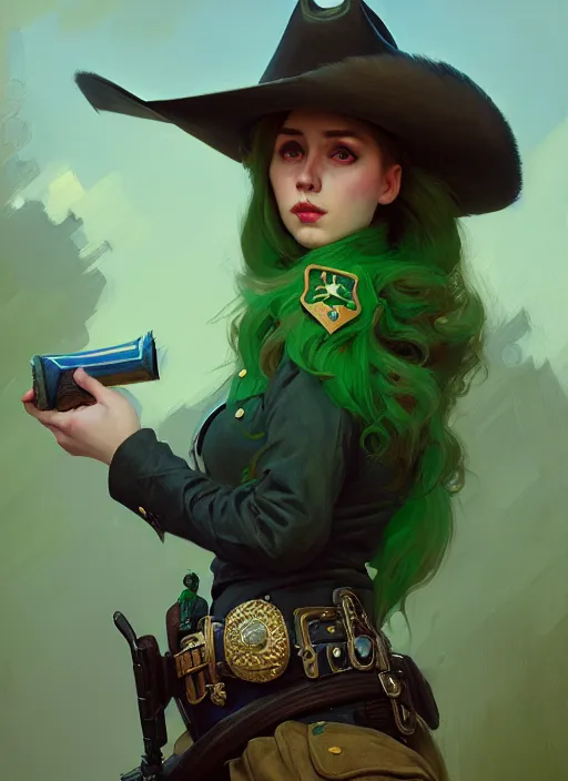 Image similar to female sheriff, beautiful girl, full body, green hair, cowboy hat, realistic, serov, surikov, vasnetsov, repin, kramskoi, insanely detailed, charlie bowater, tom bagshaw, high resolution, octane rendered, unreal engine, illustration, trending on artstation, masterpiece, 8 k