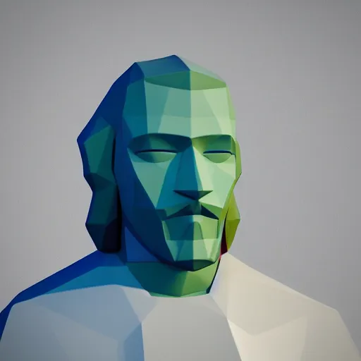 Prompt: low poly 3D model of Jesus Christ created in Blender, 8k, bright colors, neat composition, cute